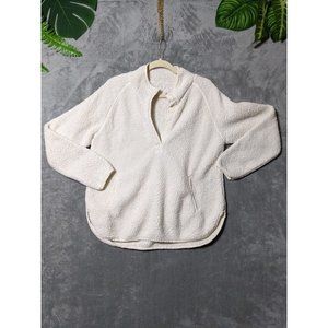 Women Ivory Thick Fleece Sweater Jacket Scallop Hem Pocket  Medium
